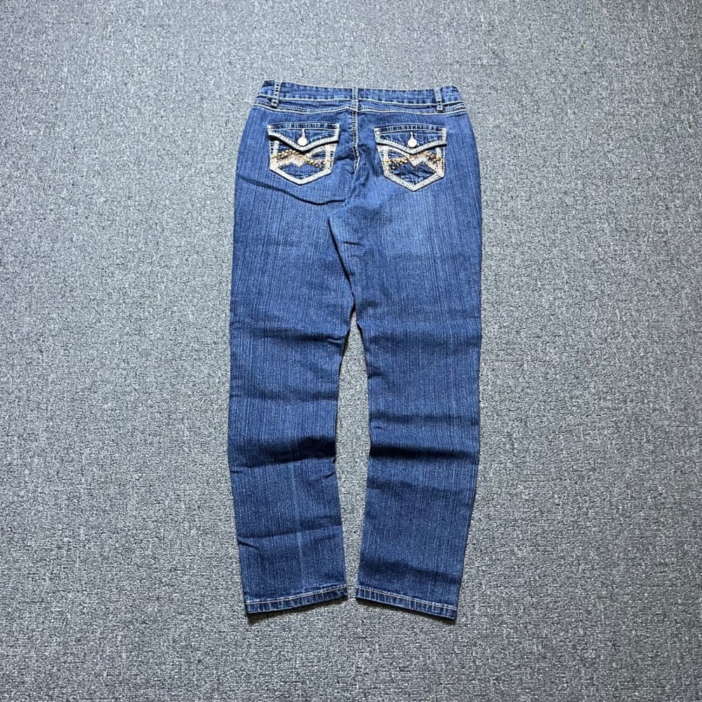 Roz & Ali Straight Leg Jeans Size 6 Blue Denim Embroidered‎ Sequin Back Pockets